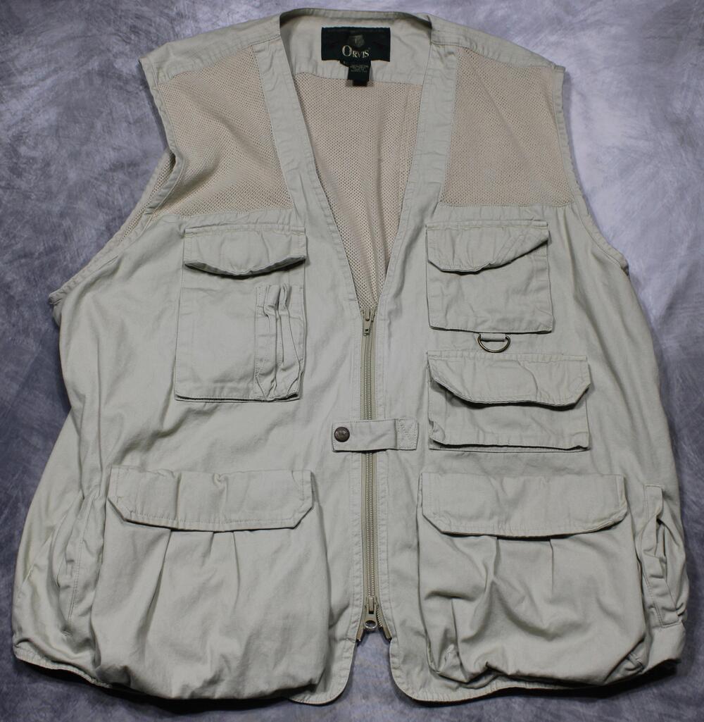 Vintage Orvis Vest Mens Large Beige Mesh Utility Pockets Outdoor Fishing Safari